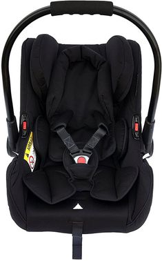 an infant car seat that is black and has two red buttons on the front end