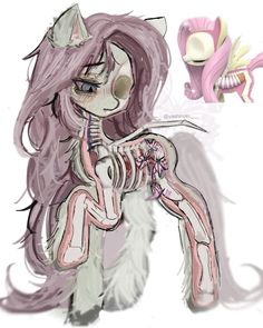 a drawing of a skeleton girl with pink hair and an animal like creature in the background