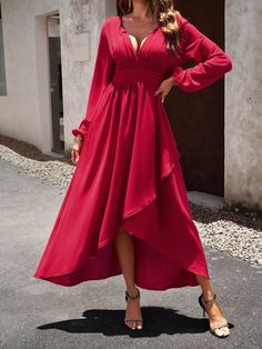 Sizing: True to size Material composition: 100% Polyester Material: Polyester Pattern: Self design Season: Spring-Summer Style: Grace Weight: 700 g Size Chart (3)(inch) Size US UK Bust Shoulder Skirt length Sleeve Length S 4 8 38 15 55 24 M 6 10 40 16 56 24 L 8 12 43 16 56 25 XL 10 14 45 17 57 25 Red Outfits Casual, Red Summer Dress, Red Outfits, Dress Elegant Long, Fall Wedding Guest, Fall Wedding Guest Dress, Outdoor Summer, Weave Style, Ruffle Hem Dress