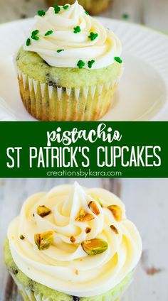 St. Patrick's Day Cupcakes - a box of pistachio pudding mix gives these cupcakes a fun green color and fantastic flavor! They are loaded with chocolate chips and topped with cream cheese frosting. One of the tastiest cupcakes ever! #stpatricksdaycupcakes #stpatricksdaytreats #stpatricksday #pistachiocupcakes #puddingcupcakes -from Creations by Kara