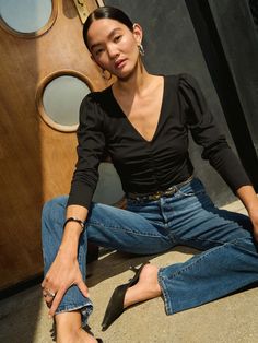 A flattering shirred-all-over V-neck long sleeve with shoulder pads for a subtle puff? Yes, please. (This one comes in Jet Black.) | Angelina Top in Jet Black | Ethical Essentials Rails Clothing, Edwin Jeans, Retro Brand, Denim Hat, Mother Denim, Yes Please, Shirt Accessories, Fall Trends, Pima Cotton