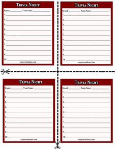 three red and white printable trivia night cards