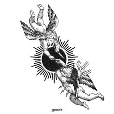 an ink drawing of two angels flying over each other with the words goodz above them