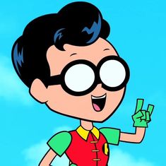 a cartoon boy with glasses holding money in one hand and pointing to the sky behind him