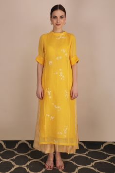 Buy Yellow Linen Embroidery Round Printed Tunic For Women by Arcvsh by Pallavi Singh Online at Aza Fashions. Linen Embroidery, Tunics Online, Cotton Kurti Designs, New Address, Change Of Address, Suit Designs, Kurta Designs, Print Tunic