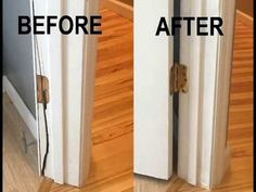 before and after pictures of an open door with wood flooring on the bottom half