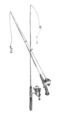 an ink drawing of a fishing rod and two reels attached to the pole with hooks