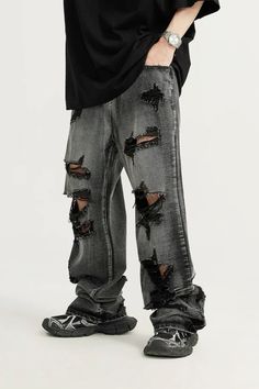 Grunge Full-length Jeans For Streetwear, Punk Style Distressed Wide Leg Bottoms, Punk Wide-leg Distressed Bottoms, Alternative Style Baggy Denim Bottoms, Distressed Wide Leg Punk Bottoms, High-rise Jeans With Zipper For Streetwear, High Rise Jeans With Zipper For Streetwear, High-rise Jeans With Zipper Closure For Streetwear, Mid-rise Jeans With Zipper Closure For Streetwear