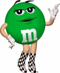 a green m & m's character with black and white checkers on it