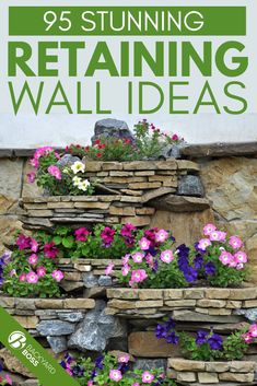 an advertisement for retaining wall ideas with flowers growing on it