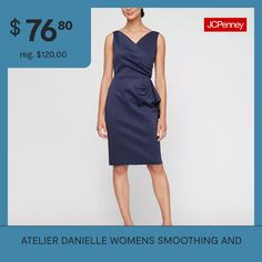 Design your evening look in the elegance and comfort of this sleeveless women's sheath dress from the Atelier Danielle Compression Collection. Cut to a knee-length, it's beautifully crafted from smoothing, bonded scuba fabric. It features a v-neckline and a wrap-style waist with a drape, gathered side detail that highlights your silhouette, and a concealed back zip closure. Pair with heels to showcase the sleek, sophisticated styling to the next special event.Strap Type: TankFeatures: Stretch F… Sleeveless Dress For Summer Formals, Sleeveless Dress For Formal Summer Events, Sleeveless Formal Dress For Summer, Elegant Sleeveless Dress With Fitted Bodice For Date Night, Fitted Bodice Sheath Sleeveless Dress, Elegant Blue Sheath Sleeveless Dress, Elegant Blue Sleeveless Dress For Work, Sheath Dresses, Womens Sheath Dress