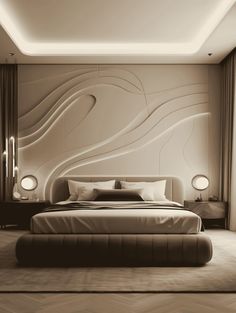 a large bed sitting in the middle of a bedroom next to a wall mounted mirror