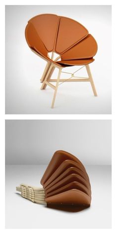 an orange chair sitting on top of a white floor next to a wooden stand with four legs