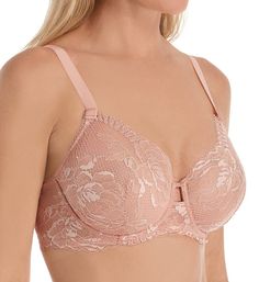 Designed with the romance and luxury of European couture, this bra is fashioned from exquisite Leavers lace that reveals glimpses of skin for a sensual effect. Made from nylon, elastane and polyester. Lace underwire cups are unlined (unpadded) with a vertical dart for shape, and a mesh side support sling in size D and E cups. Plunge neckline has a lacy edge with sewn-on elastic to keep the fit close. Center - wide, cutout center has a cord at top and a lace triangle backed with non-stretch mesh Feminine Wedding Bra With Delicate Lace, Feminine Lace Wedding Bra, Lace Bra With Removable Cups Full Coverage, Feminine Full Coverage Bra With Lace Closure, Full Coverage Lace Bra With Removable Cups, Full Coverage Lace Wedding Bra, Feminine Lace Bra With Removable Cups, Feminine Full Cup Lace Bra, Feminine Full Coverage Lace Bra