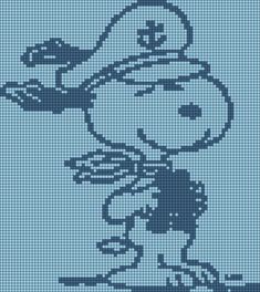 a blue cross stitch pattern with a cartoon character holding a flower in it's hand