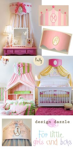 a collage of photos with pink and yellow furniture, bedding, curtains and other items