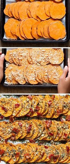 the process to make baked sweet potato chips is shown in three different stages, including baking them