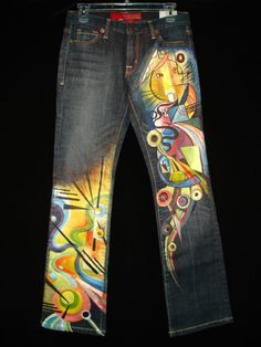 Artistic Hand Painted Denim Jeans, Artistic Multicolor Art With Custom Artwork, Jean Diy, Altering Jeans, Ethno Style, Denim Jeans Pants, Denim Art, Estilo Hippie, Painted Jeans