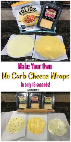 the ingredients for making homemade no - carb cheese wraps are shown in three separate images