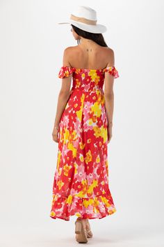 Born in the Borough that embodies the rhythm and soul of New York city, the Brooklyn Dress’ edge and grace has become a Tiare Hawaii staple. Perfect for beach getaways to nights out on the town, we love its effortless versatility and elegance. You’ll adore flowing with each step and accessorizing to your mood. Details: 100% Rayon Hand Wash & Lay flat to dry Features: Off the shoulder ruffle sleeve, Smocked sweetheart bodice, Elasticized neckline and waist, High-low ruffled hem Measures: Approxim Chic Red Dress For Beach Party, Spring Red Midi Beach Dress, Spring Red Midi Dress For Beach, Red Flowy Midi Dress For Summer, Red Midi Dress For Spring Beach, Red Spring Dress For Poolside, Red Midi Dress For Spring Beach Outings, Spring Poolside Red Dress, Spring Poolside Midi Beach Dress