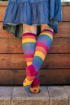 Groovy muted rainbows in soft heathered yarns make for a totally retro striped knee high! Striped Knee High Socks, Calf Stretches, Muted Rainbow, High Knees, Complementary Colors, Style Gift, Rainbow Stripes, Pastel Rainbow, Online Accessories