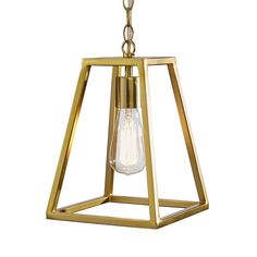 a brass hanging light fixture with a clear glass bulb in the center and a chain attached to it