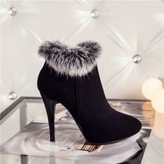 Stylo Shoes Pakistan 2020, Real Fur Boots, Winter High Heels, Stylo Shoes, Boots Shoes Women, High Heels Ankle Boots, Fur Ankle Boots, Loafers Outfit, Fur Heels