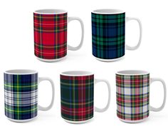 six plaid coffee mugs in different colors