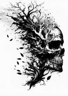 a black and white drawing of a skull with leaves