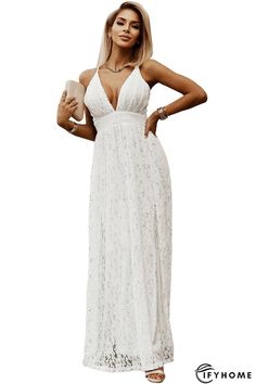 White Floral Lace Open Back Maxi Party Dress | IFYHOME Summer Lace Evening Dress For Party, White Maxi Dress For Evening Parties, White Maxi Dress For Evening Party Season, Summer Formal Lace Maxi Dress, Summer Lace Evening Dress, White Maxi Dress For Party Season, Lace V-neck Evening Dress For Party, Summer Floor-length Evening Dress For Date Night, Floor-length Evening Dress For Date Night In Summer