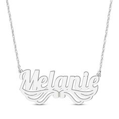 This glam word art necklace features the name of your choice—up to 8 letters—crafted in a script font and perched atop spread wings. Styled in 10K white gold, the design features dainty diamond accents. The pendant is centered amidst a 16-inch festoon rope chain with a 2-inch extender that secures with a spring ring clasp. Silver Nameplate Necklace With Diamond Accents, Silver Diamond Name Necklace, Art Necklaces, A Script, Letter A Crafts, Accessories Jewelry Necklace, Script Font, Melanie Martinez, Rope Chain