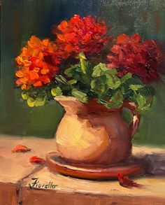 a painting of red and orange flowers in a vase