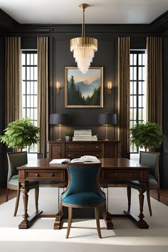 an elegant dining room with dark walls and wood furniture