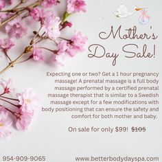 Our 1 hour pregnancy massage is on sale right now for only $99 for our Mother's Day sale! Give us a call at 954-909-9065 to schedule an appointment today! #mothersday #spa #fortlauderdale #sale Monday Massage, Massage Mothers Day, Mothers Day Spa Promotions, Massages For Pregnant Women, Social Media For Massage Therapists, Pregnancy Massage, Prenatal Massage, Swedish Massage, Body Spa