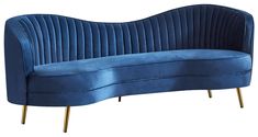 a blue couch sitting on top of a metal frame