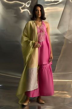 Pink chanderi halter neck kurta with zari embroidered bodice panel featuring nile motifs, embellished by sequins. Comes with sharara and dupatta. - Aza Fashions Halter Neck Kurta, Kurta And Dupatta, Kurta Sharara Set, Pink Kurta, Kurta Sharara, Embroidered Bodice, Sharara Set, Indian Wear, Set For Women