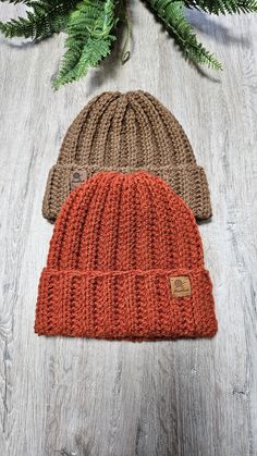 two knit beanies sitting on top of a wooden floor next to a fern plant