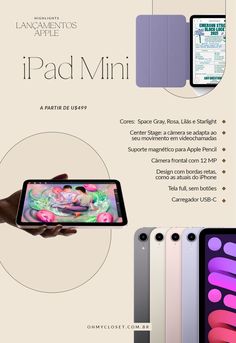 an advertisement for the new ipad mini is shown in purple and pink colors, with two hands