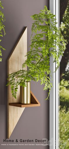 a green plant sitting on top of a wooden shelf next to a wall mounted potted plant