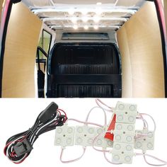 the inside of a van with lights and wiring