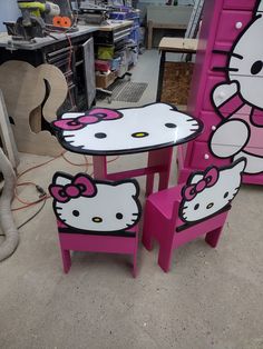 two hello kitty chairs and a table in the process of being painted