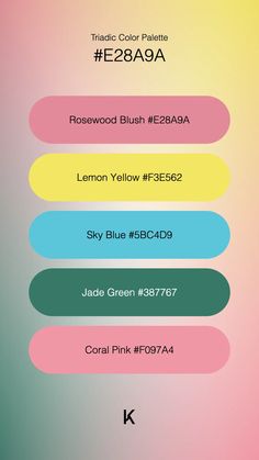 Triadic Color Palette Rosewood Blush #E28A9A · Lemon Yellow #F3E562 · Sky Blue #5BC4D9 · Jade Green #387767 · Coral Pink #F097A4 Coral Blush, Lemon Yellow, Jade Green, Coral Pink, Dusty Rose