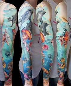 some people with tattoos on their arms and legs, all showing different types of animals