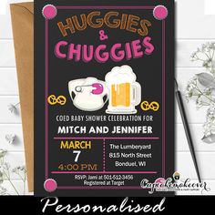 a black and pink birthday party card with mugs and chuggies on it