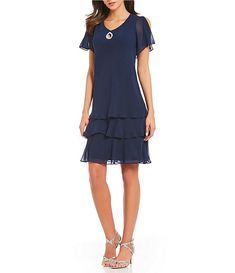 Marina Keyhole Tiered Chiffon Flutter Sleeve Dress | Dillard's Chiffon Dress With Sleeves, Plus Size Wedding Guest Dresses, Mother Of Groom Dresses, Short Sleeve Shift Dress, Womens Wedding Dresses, Womens Cocktail Dresses, Flutter Sleeve Dress, Bride Dresses, Short Sleeve Dress