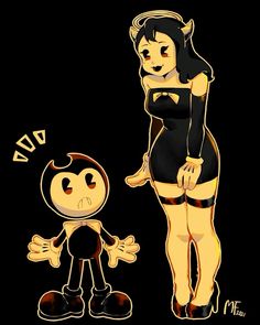 an image of a cartoon character and a woman standing next to each other on a black background