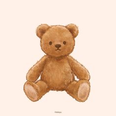 a brown teddy bear sitting up against a white background