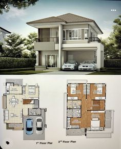 two story house plan with garage and living room in the middle, second floor below