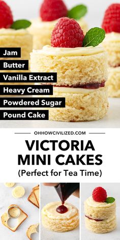 victoria mini cakes with raspberries on top and the words victoria written in different languages