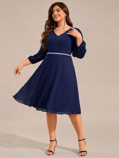 Plus Size Long Sleeve Midi A-Line Wedding Guest Dress with Waist Chain  #color_Navy Blue Elegant Blue Chiffon Dress For Wedding Guest, Elegant Knee-length Chiffon Bridesmaid Dress, Elegant Blue V-neck Bridesmaid Dress, Elegant Blue Chiffon Bridesmaid Dress, Dress With Waist Chain, Midi Wedding Guest Dress, Wedding Guest Style, Ever Pretty, Guest Dress